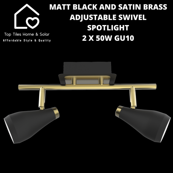 Matt Black and Satin Brass Adjustable Swivel Spotlight - 2 x 50W GU10