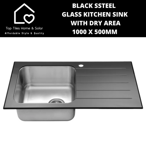 Black Glass Top SS Kitchen Sink with Dry Area - 1000 x 500mm