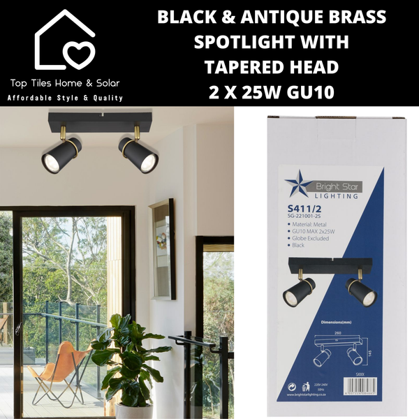 Black & Antique Brass Spotlight with Tapered Head - 2 x 25W GU10