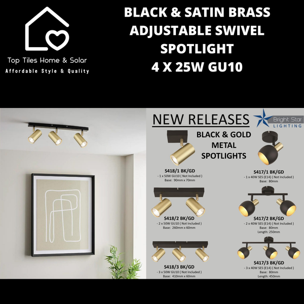 Black & Satin Brass Adjustable Swivel Spotlight - 4 x 25W GU10
