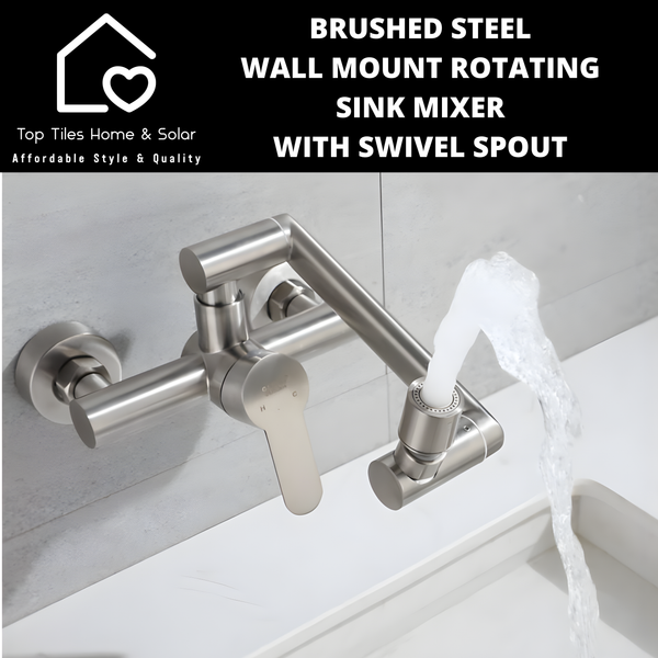 Brushed Steel Wall Mount Rotating Sink Mixer with Swivel Spout