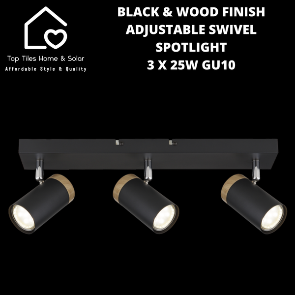 Black & Wood Finish Adjustable Swivel Spotlight - 3 x 25W GU10