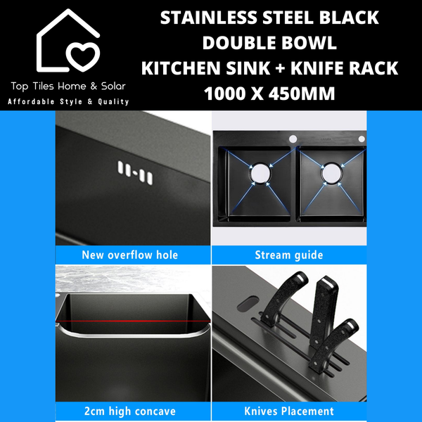 Stainless Steel Black Double Bowl Kitchen Sink - 1000 x 450mm