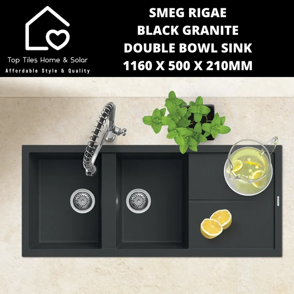 Smeg Rigae Black Granite Double Bowl Sink - 1160 x 500 x 210mm