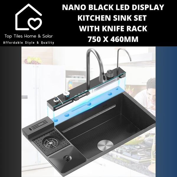 Nano Black LED Smart Display Kitchen Sink Set with Knife Rack - 750 x 460mm