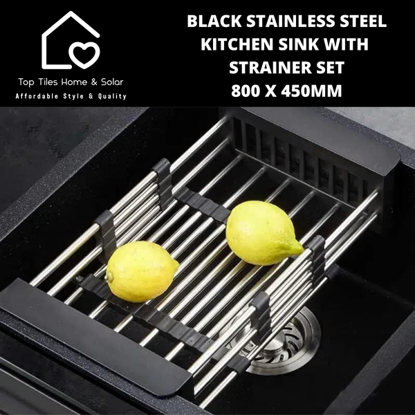 Black Stainless Steel Kitchen Sink with Strainer Set - 800 x 450mm