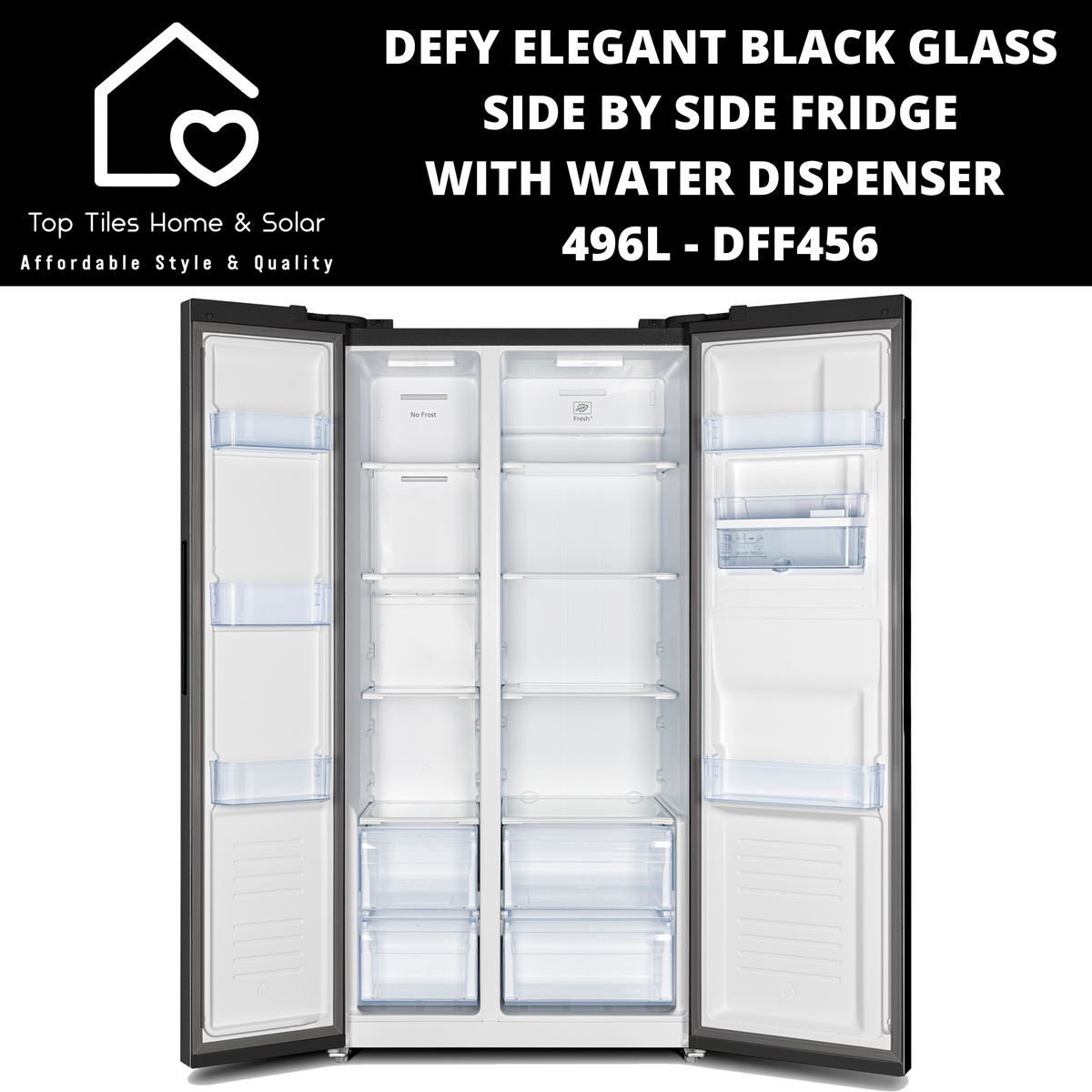 Defy Elegant Black Glass Side by Side Fridge - 496L Water