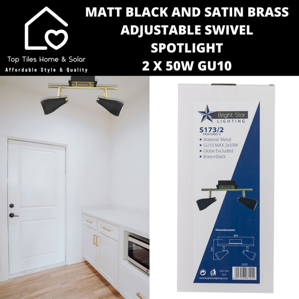 Matt Black and Satin Brass Adjustable Swivel Spotlight - 2 x 50W GU10