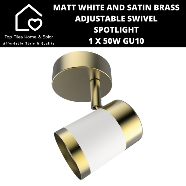 Matt White and Satin Brass Adjustable Swivel Spotlight - 1 x 50W GU10