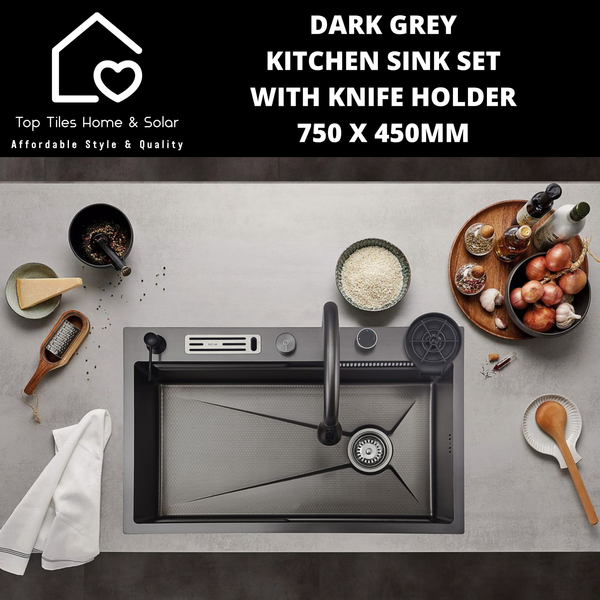 Dark Grey Kitchen Sink Set with Knife Holder - 750 x 450mm
