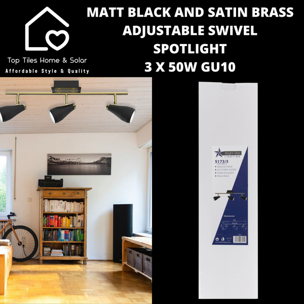 Matt Black and Satin Brass Adjustable Swivel Spotlight - 3 x 50W GU10