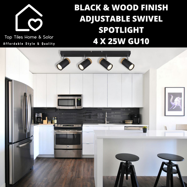 Black & Wood Finish Adjustable Swivel Spotlight - 4 x 25W GU10