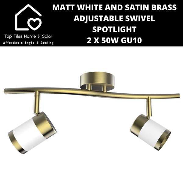 Matt White and Satin Brass Adjustable Swivel Spotlight - 2 x 50W GU10