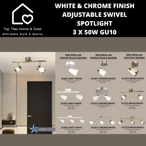 White & Chrome Finish Adjustable Swivel Spotlight - 3 x 50W GU10