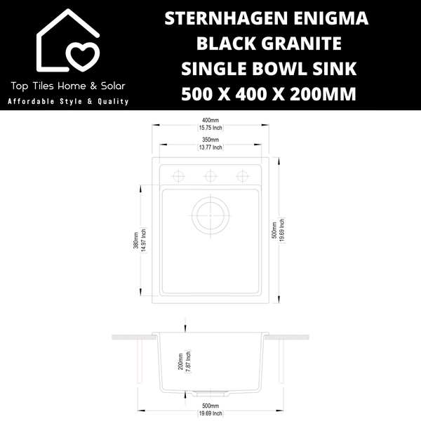 Sternhagen Enigma Black Granite Single Bowl Sink - 500 x 400 x 200mm