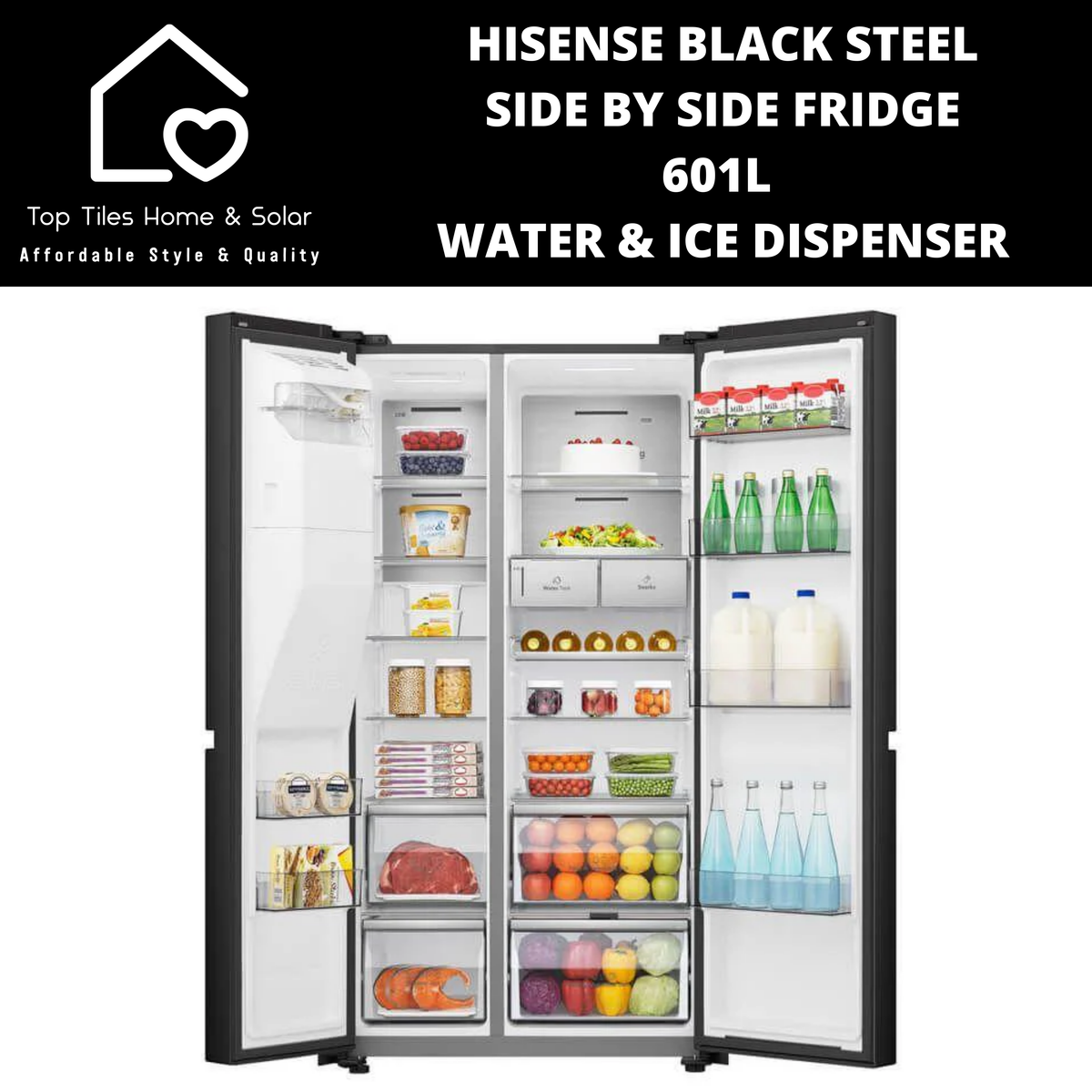 Hisense Black Steel Smart Side By Side Fridge - 601L Water & Ice