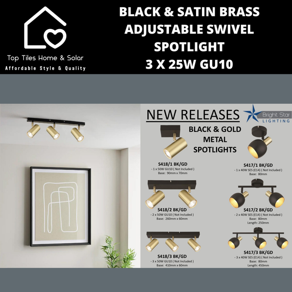Black & Satin Brass Adjustable Swivel Spotlight - 3 x 25W GU10