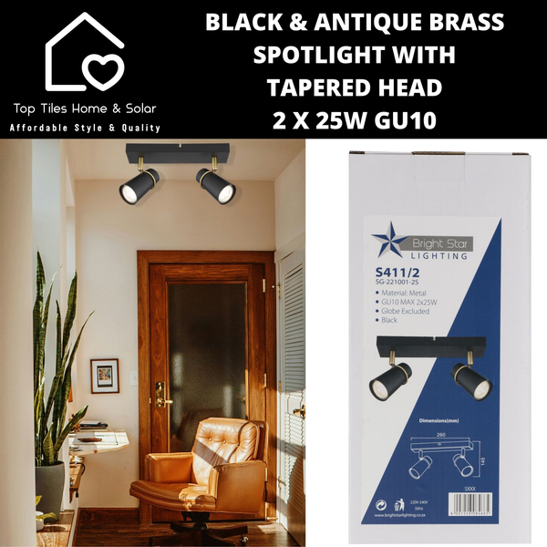 Black & Antique Brass Spotlight with Tapered Head - 2 x 25W GU10