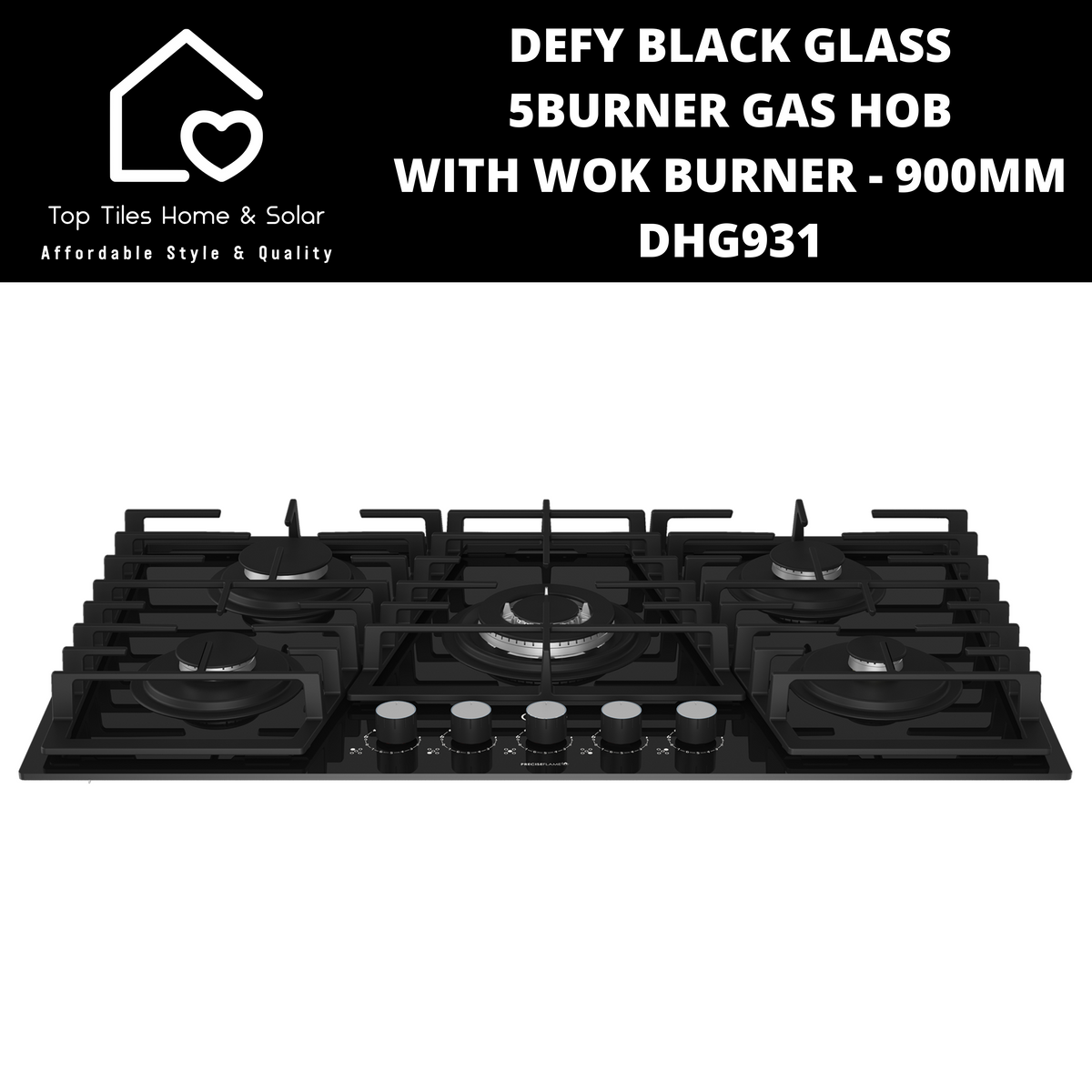 Defy Black Glass 5Burner Gas Hob With Wok Burner 900mm DHG931