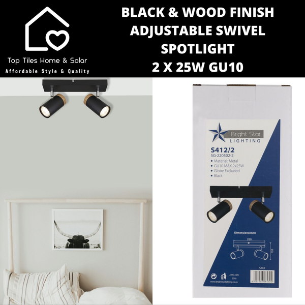 Black & Wood Finish Adjustable Swivel Spotlight - 2 x 25W GU10