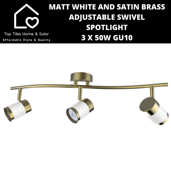 Matt White and Satin Brass Adjustable Swivel Spotlight - 3 x 50W GU10