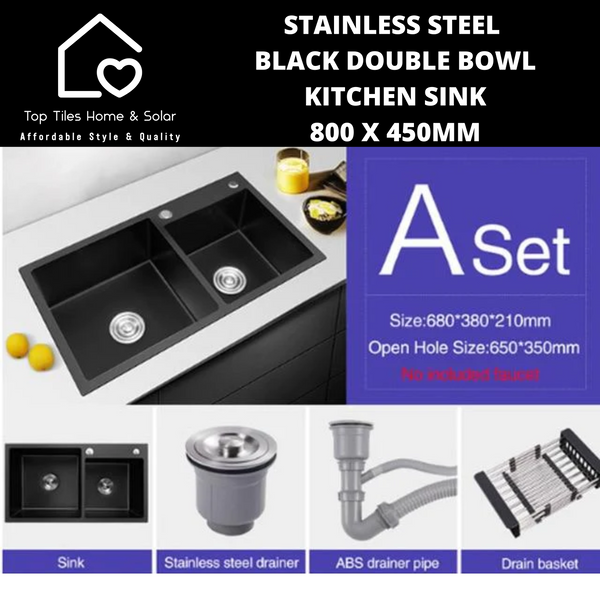 Stainless Steel Black Double Bowl Kitchen Sink - 800 x 450mm