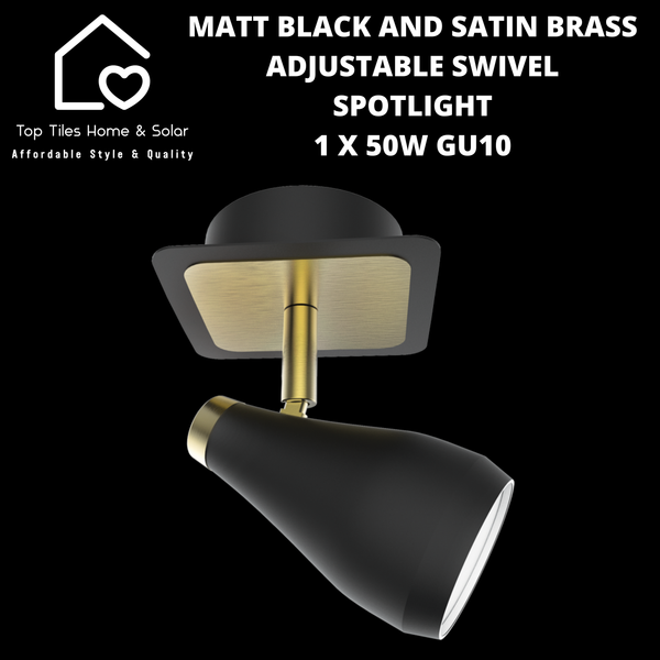 Matt Black and Satin Brass Adjustable Swivel Spotlight - 1 x 50W GU10