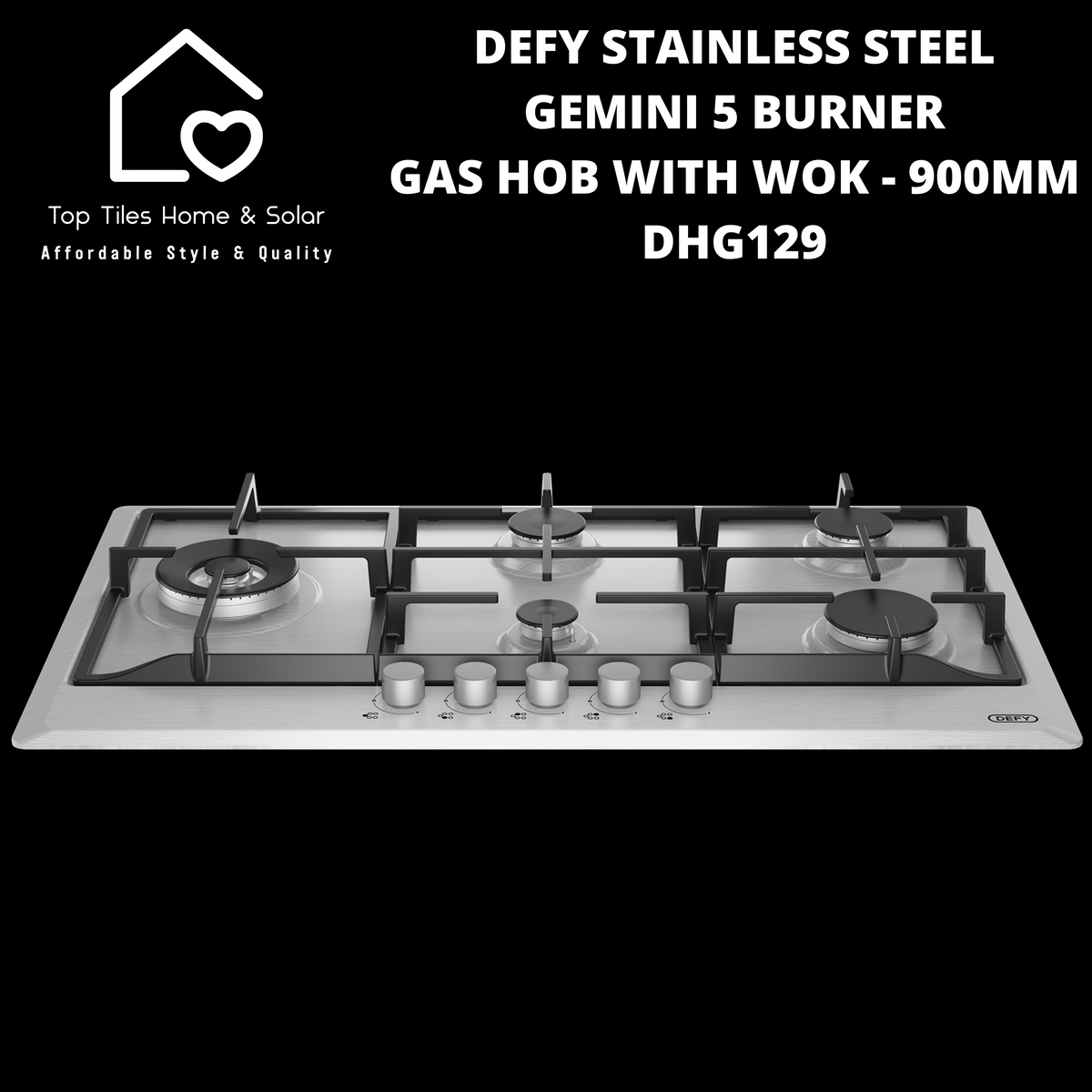 Defy Stainless Steel Gemini 5 Burner Gas Hob With Wok - 90cm