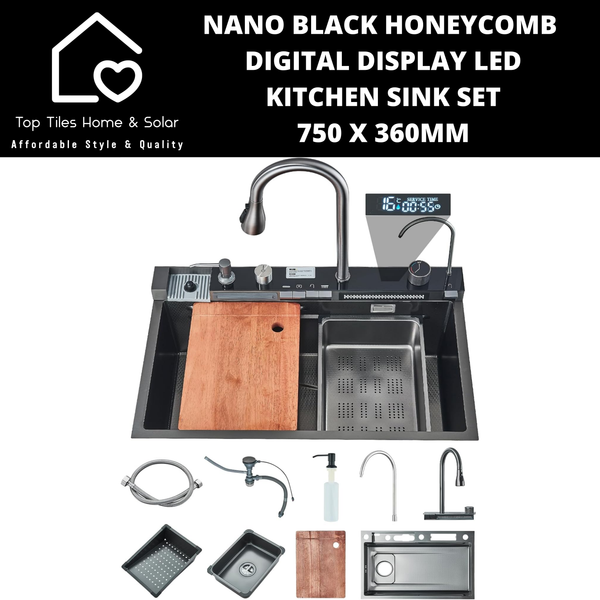 Nano Black Honeycomb Digital Display LED Smart Kitchen Sink Set - 750 x 360mm