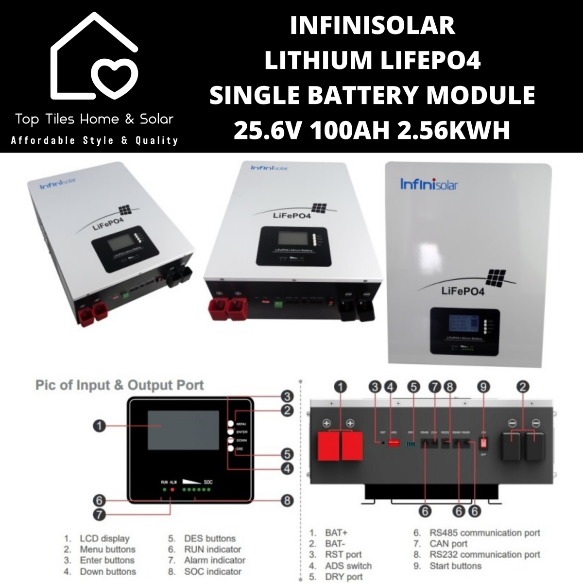 InfiniSolar Lithium LiFePo4 Single Solar Battery Module - 25.6V 100Ah ...