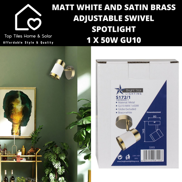 Matt White and Satin Brass Adjustable Swivel Spotlight - 1 x 50W GU10