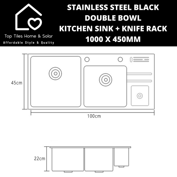 Stainless Steel Black Double Bowl Kitchen Sink - 1000 x 450mm