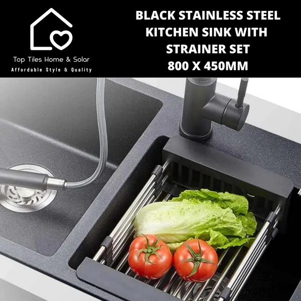 Black Stainless Steel Kitchen Sink with Strainer Set - 800 x 450mm