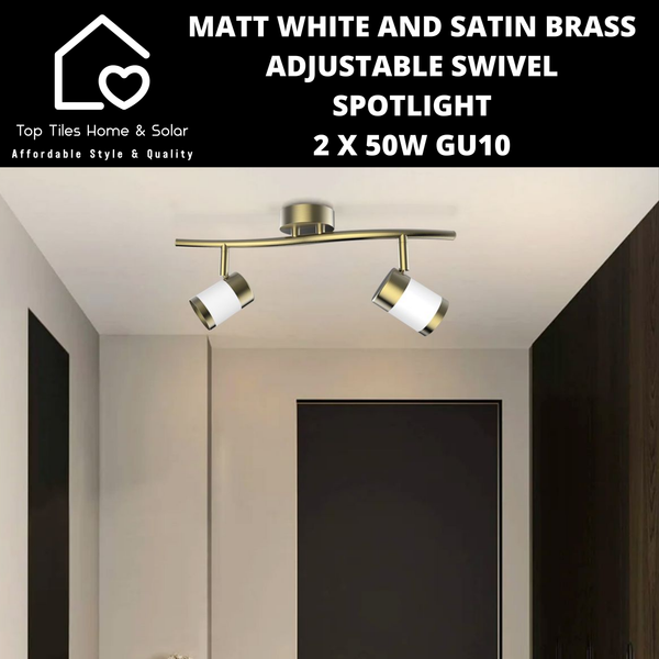 Matt White and Satin Brass Adjustable Swivel Spotlight - 2 x 50W GU10