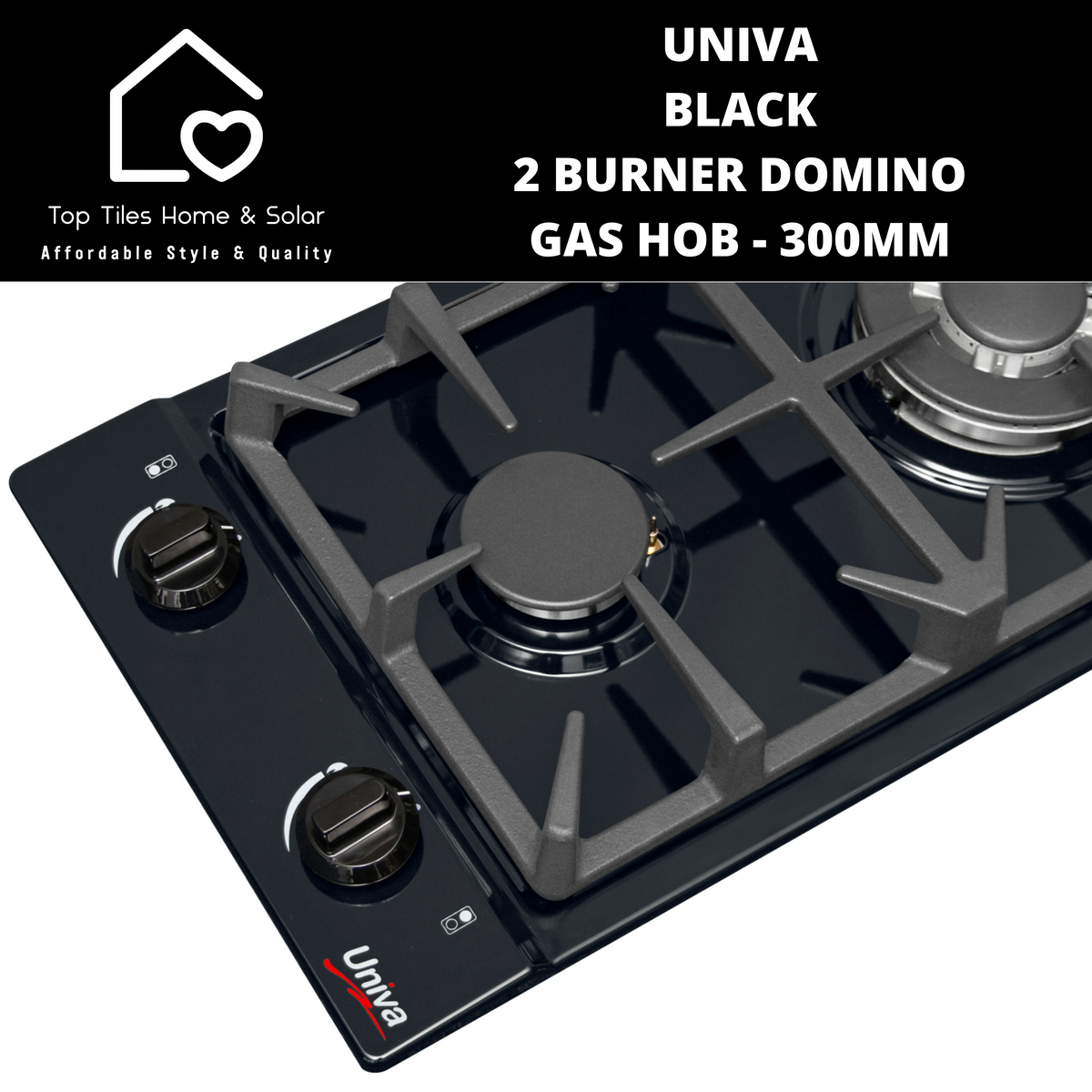 Univa Black 2 Burner Domino Gas Hob 300mm Top Tiles Home & Solar