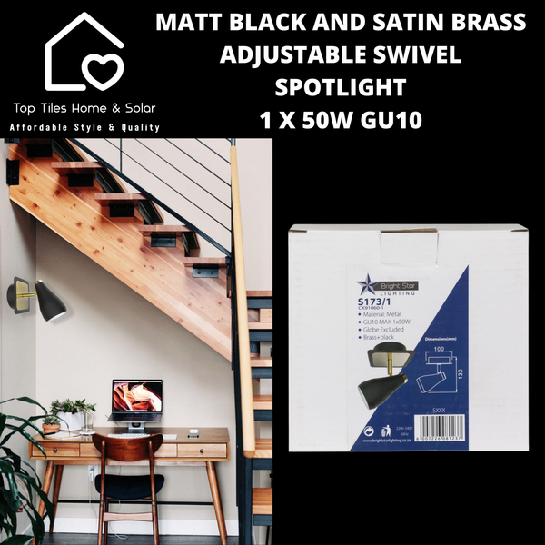 Matt Black and Satin Brass Adjustable Swivel Spotlight - 1 x 50W GU10