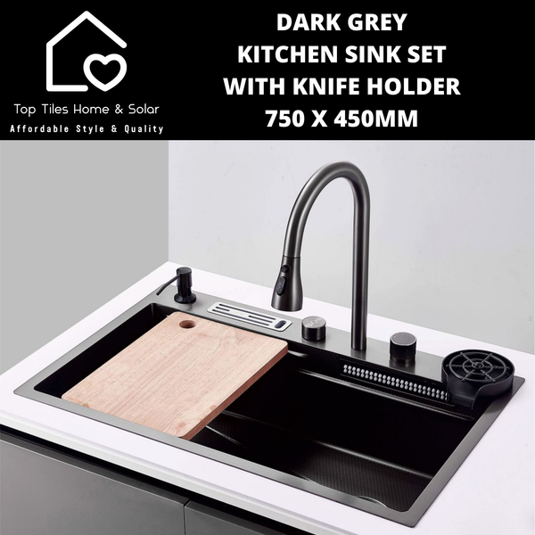 Dark Grey Kitchen Sink Set with Knife Holder - 750 x 450mm