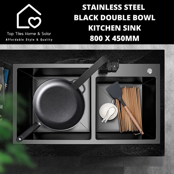 Stainless Steel Black Double Bowl Kitchen Sink - 800 x 450mm