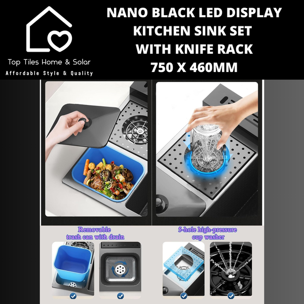 Nano Black LED Smart Display Kitchen Sink Set with Knife Rack - 750 x 460mm