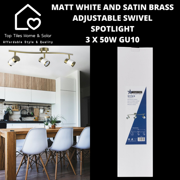 Matt White and Satin Brass Adjustable Swivel Spotlight - 3 x 50W GU10