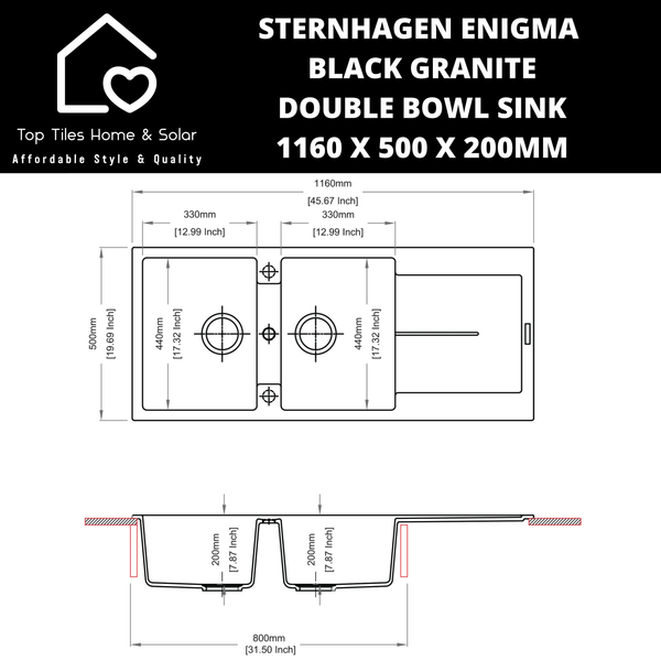 Sternhagen Enigma Black Granite Double Bowl Sink - 1160 x 500 x 200mm