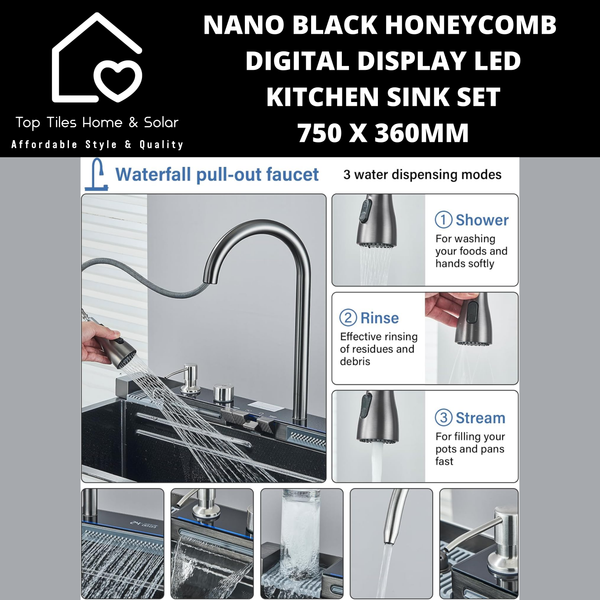 Nano Black Honeycomb Digital Display LED Smart Kitchen Sink Set - 750 x 360mm