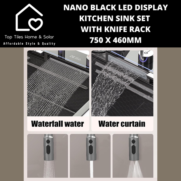 Nano Black LED Smart Display Kitchen Sink Set with Knife Rack - 750 x 460mm
