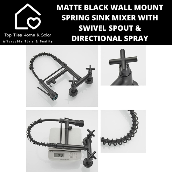 Matte Black Wall Mount Spring Sink Mixer with Swivel Spout & Directional Spray
