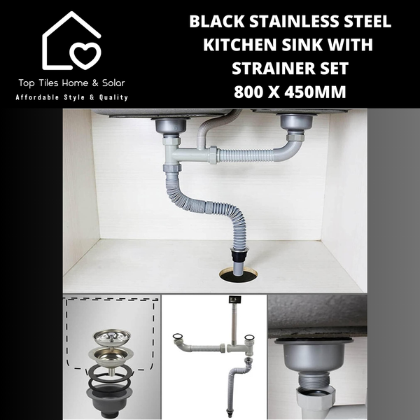 Black Stainless Steel Kitchen Sink with Strainer Set - 800 x 450mm