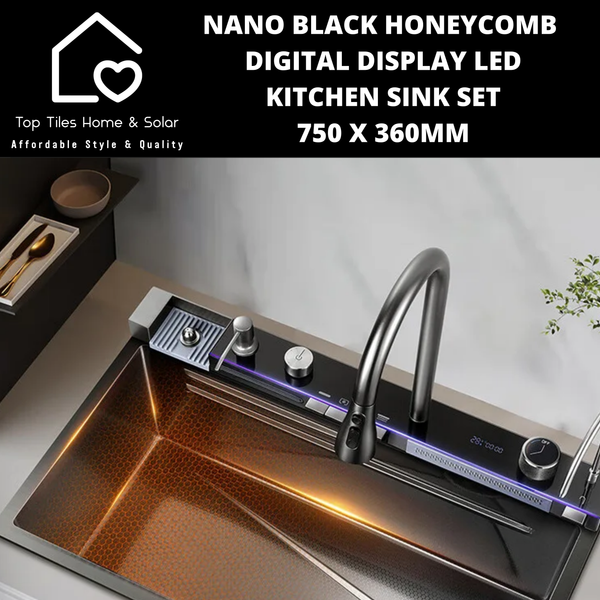 Nano Black Honeycomb Digital Display LED Smart Kitchen Sink Set - 750 x 360mm