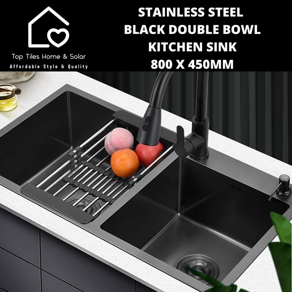 Stainless Steel Black Double Bowl Kitchen Sink - 800 x 450mm