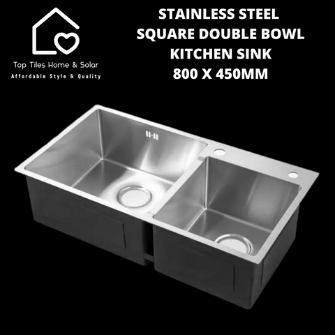 Stainless Steel Square Double Bowl Kitchen Sink - 800 x 450mm