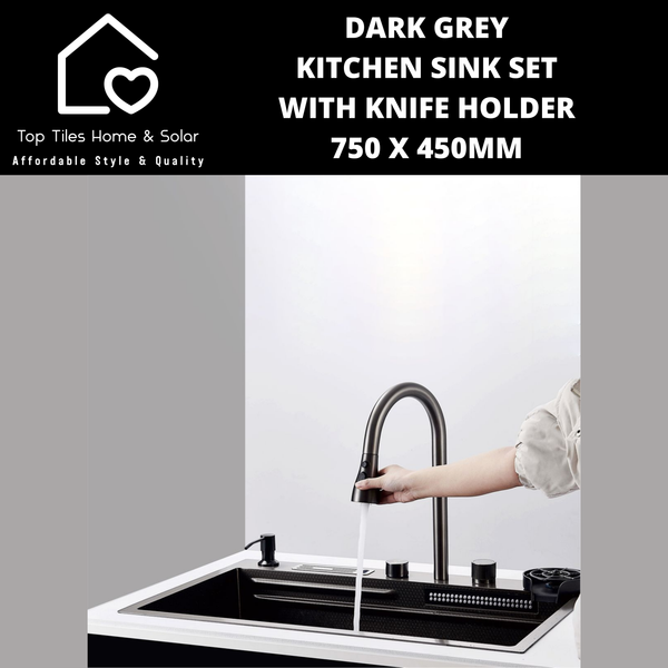 Dark Grey Kitchen Sink Set with Knife Holder - 750 x 450mm