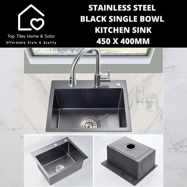 Stainless Steel Black Single Bowl Kitchen Sink - 450 x 400mm